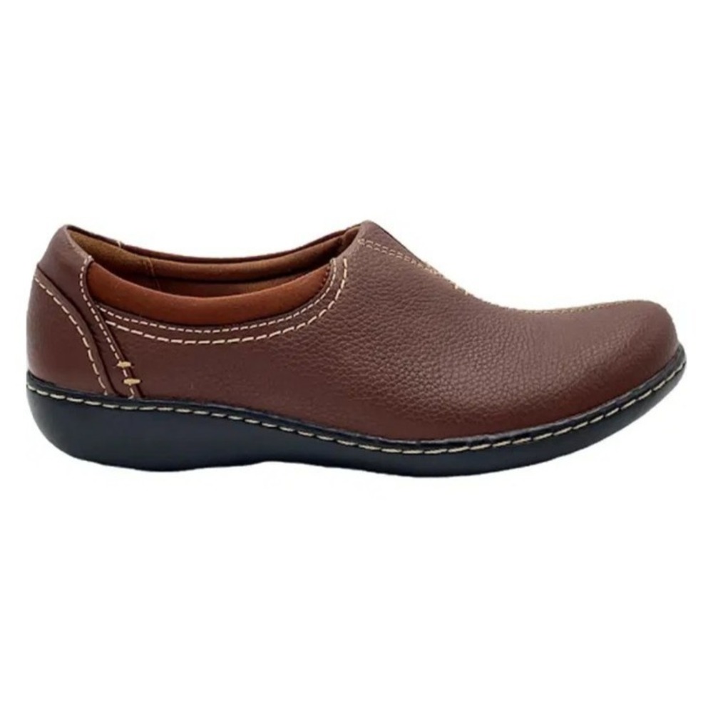 Clarks Womens Ashland Joy 8.5M Loafer Brown‎ Leather Slip-On Ortho Clog Shoes